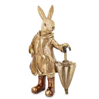 Ekskluzywny Złoty Zając Dekoracyjny w Płaszczu ze Złotą Parasolką – Stylowa Ozdoba do Wnętrz Glamour - Figurka Ozdobna - 175040