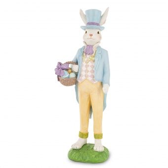 Bajkowa Pastelowa Figurka Zająca w Eleganckim Stroju z Koszykiem - Figurka Dekoracyjna - 183149