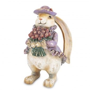 Elegancki Zając Wielkanocny w Kapeluszu z Bukietem Kwiatów  - Figurka Dekoracyjna - 183072