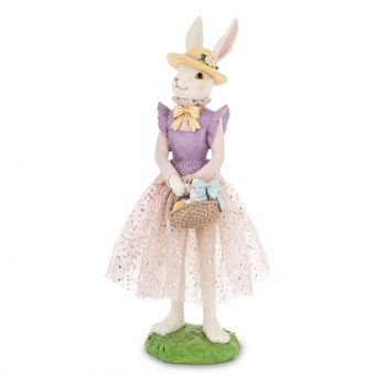Elegancka Pastelowa Figurka Zajączka w Tiulowej Sukience z Kapeluszem i Koszykiem - Figurka Dekoracyjna - 183150